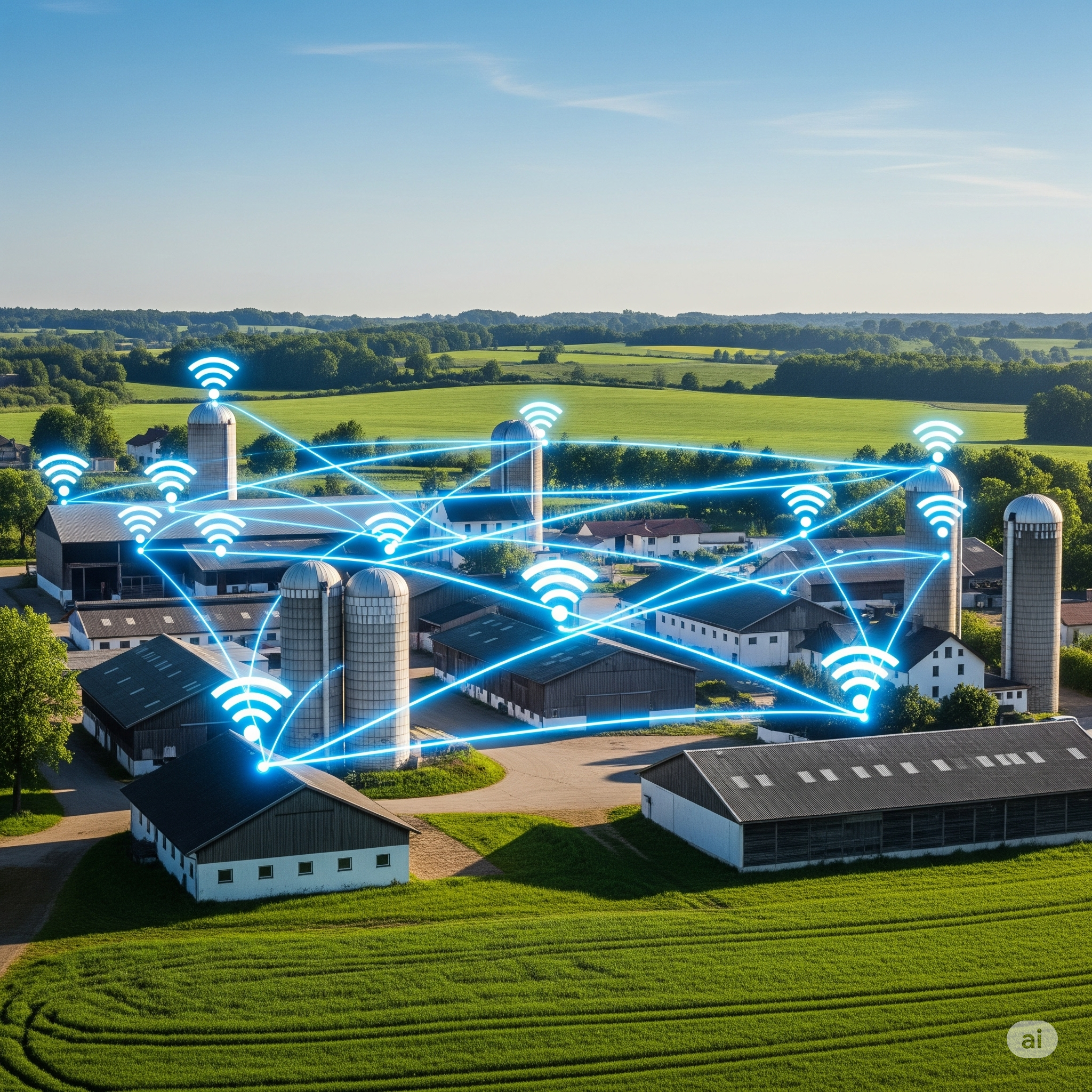 Farm buildings connected via Wi-Fi symbols