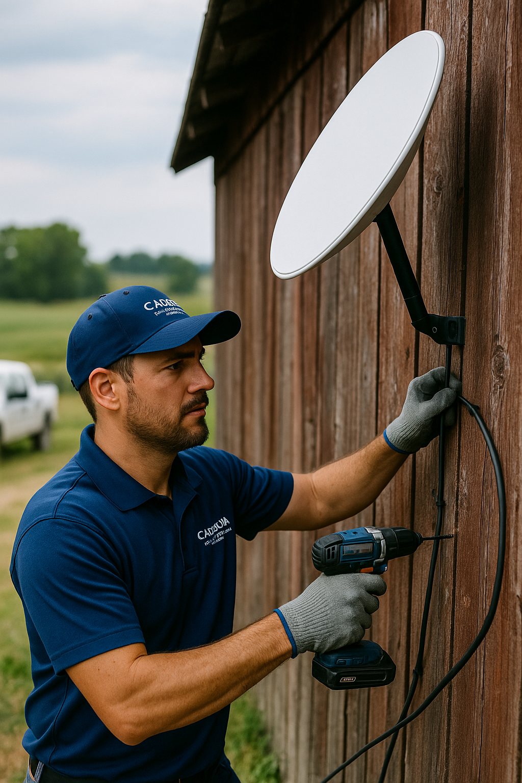 Satellite Internet antenna installed on rural building
