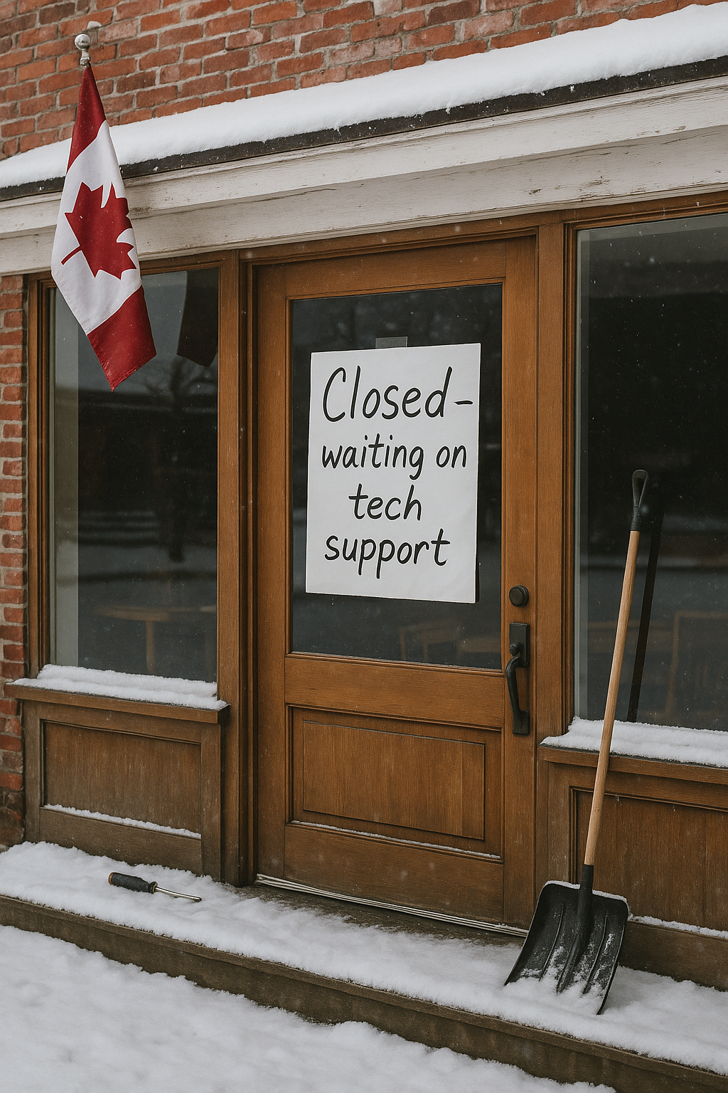 Business closed sign with handwritten tech support note